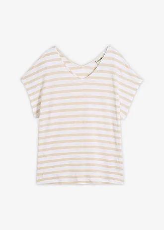 Linnen shirt met vleermuismouwen, Kleur: lichtsand/wit gestreept