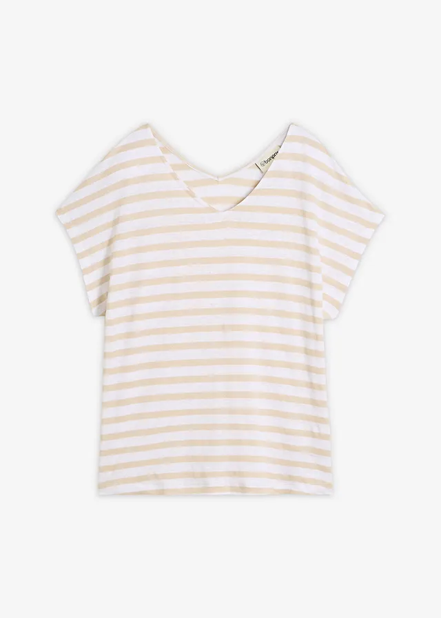 T-shirt 100% lin à manches chauve-souris • sable clair/blanc rayé • Boutique bonprix