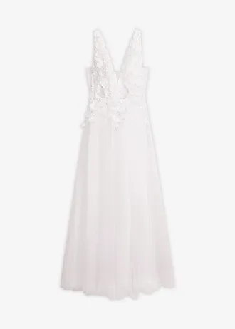 Rochie maxi din tul delicat, cu aplicații florale