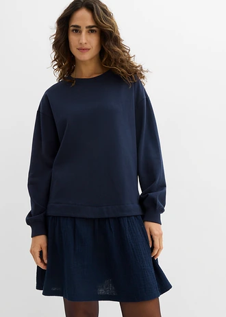 Robe sweat avec jupe tissée, Couleur: bleu foncé