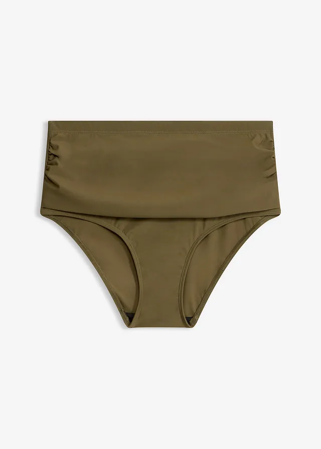 Bas de maillot taille haute sculptant à fronces, maintien léger, Couleur: olive foncé