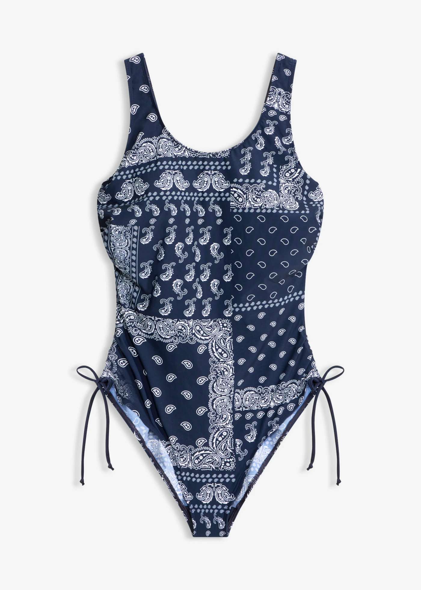 Licht corrigerend badpak met strikbandjes aan de zijkant • donkerblauw-wit gedessineerd • bonprix online shop