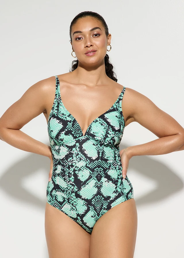 Maillot sculptant maintien léger, bretelles réglables, Couleur: vert menthe-noir python