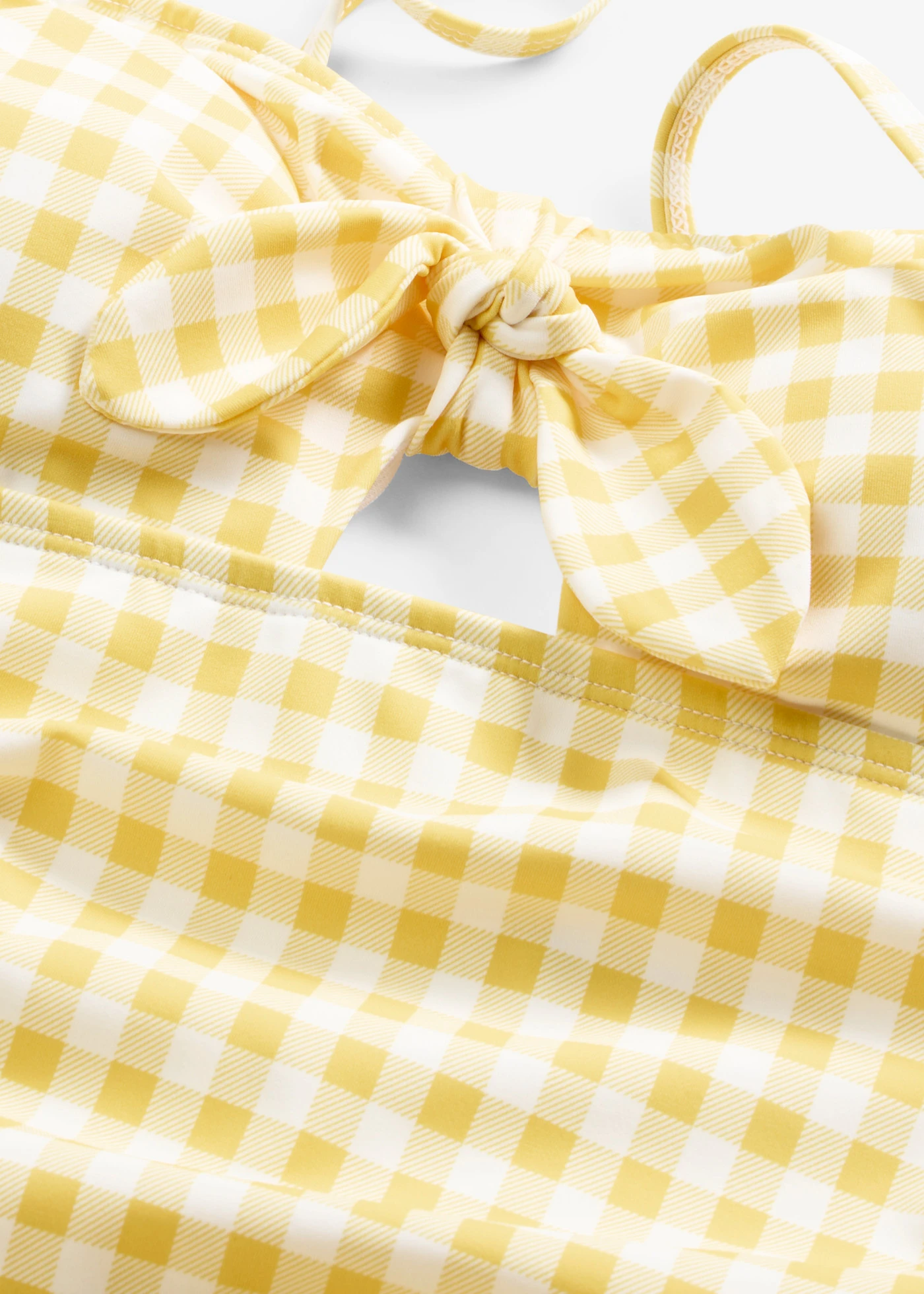 Bandeau-fürdőruha kis masnival • sárga-fehér kockás • bonprix áruház