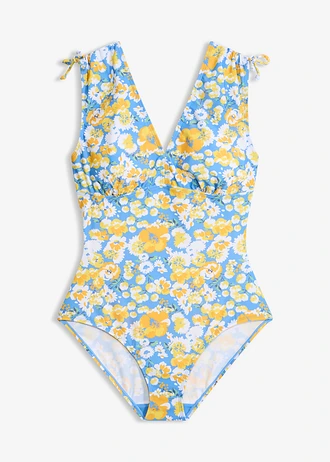 Costum de baie cu efect de modelare ușor, cu bretele late, culoare: albastru floral