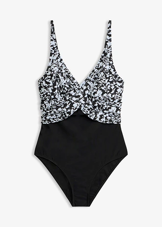 Licht corrigerend badpak in wikkellook • zwart-wit gebloemd • bonprix online shop