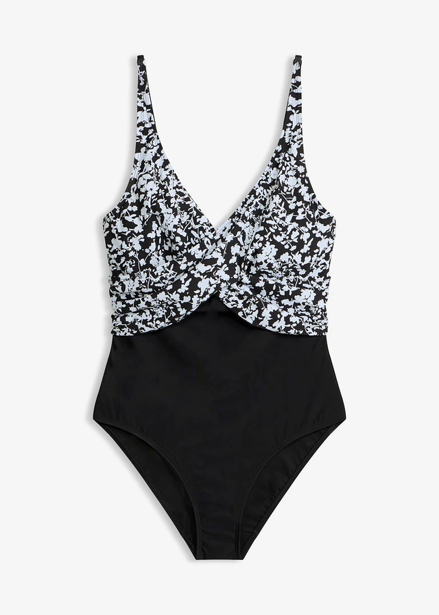 Maillot 1 pièce sculptant style croisé, maintien léger • noir-blanc floral • Boutique bonprix