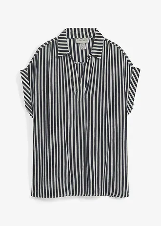 Blouse van soepele viscose, korte mouw, Kleur: donkerblauw/wit gestreept