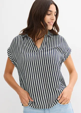 Blouse manches courtes en viscose fluide • bleu foncé/blanc rayé • Boutique bonprix