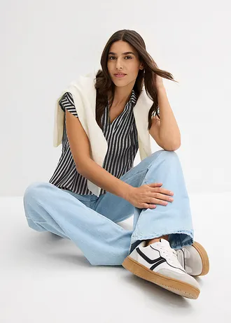 Blouse manches courtes en viscose fluide • bleu foncé/blanc rayé • Boutique bonprix