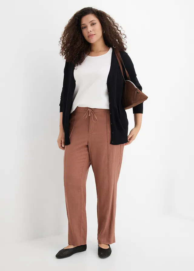 Broek van een linnen-viscose mix, Kleur: kastanjebruin