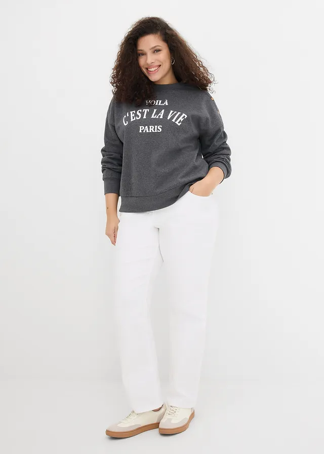 Sweat-shirt, Couleur: gris chiné/blanc