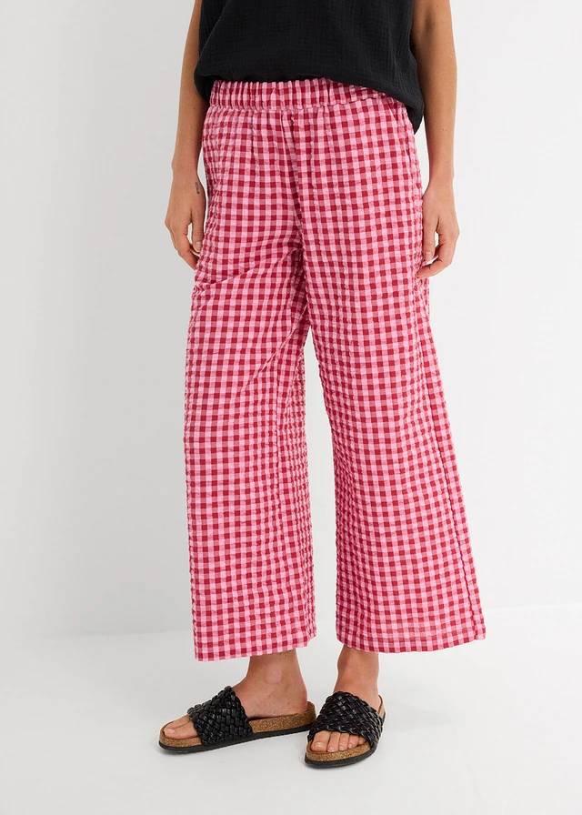 Pantalon large 100% coton, Couleur: rose-rouge cerise carreaux
