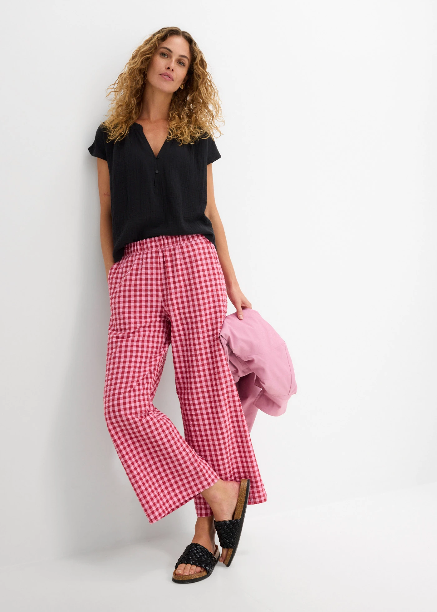 Culotte nadrág tiszta pamutból • rózsaszín-cseresznyepiros kockás • bonprix áruház