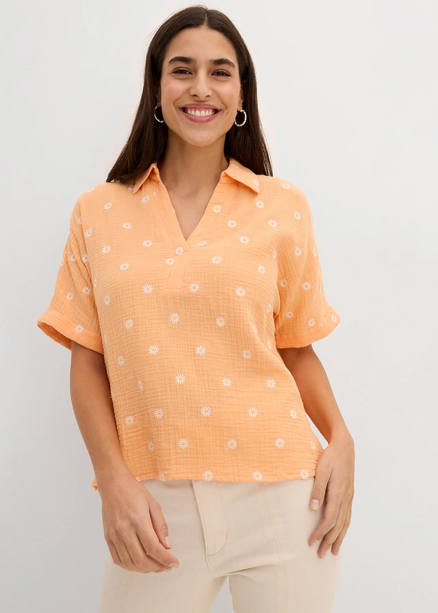 Blouse manches courtes en gaze de coton aérien, Couleur: papaye floral