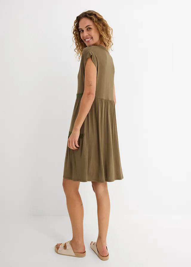 Robe-tunique douce en viscose extensible, Couleur: olive foncé