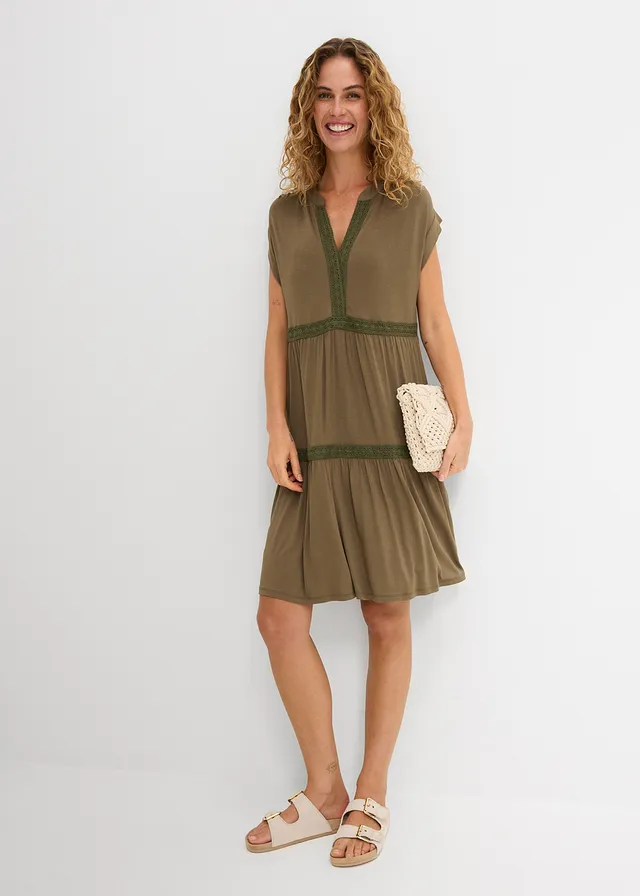 Robe-tunique douce en viscose extensible, Couleur: olive foncé