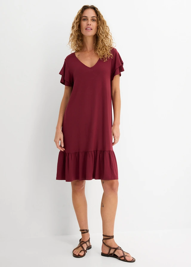 Rochie jerse cu volane din material cu viscoză • roșu arțar • magazin bonprix
