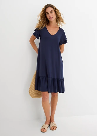 Robe en jersey viscose à volants, Couleur: bleu foncé