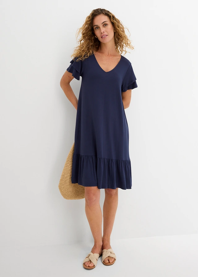 Jersey jurk met volants in een viscosemix, Kleur: donkerblauw