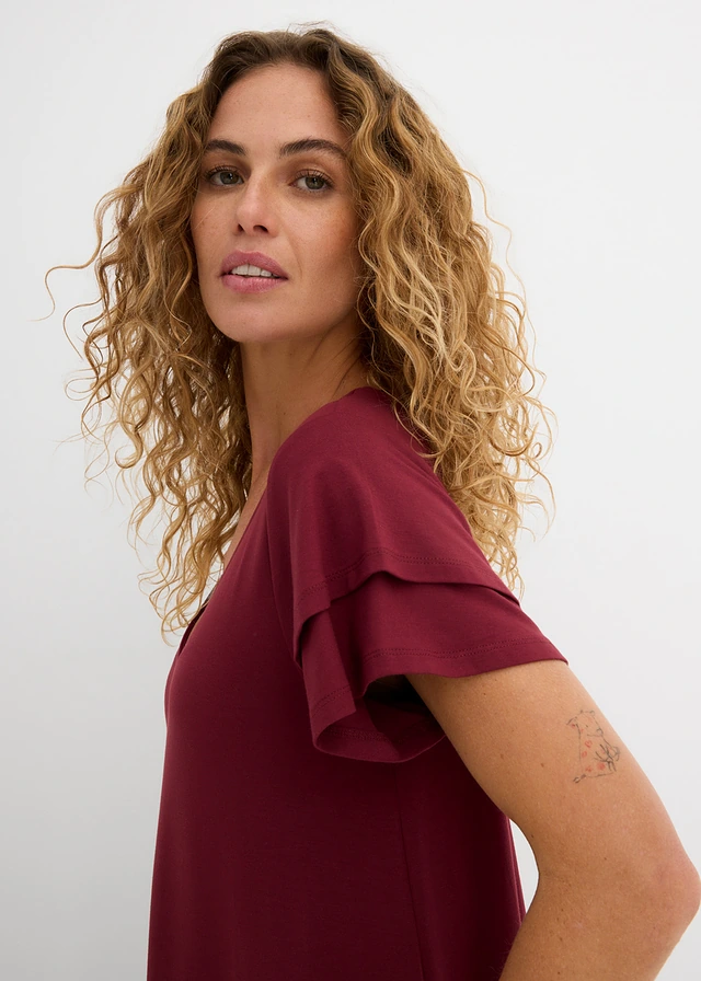 Rochie jerse cu volane din material cu viscoză • roșu arțar • magazin bonprix