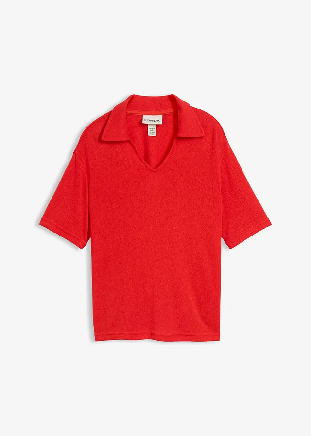 Poloshirt in gebreide look, Kleur: aardbeirood