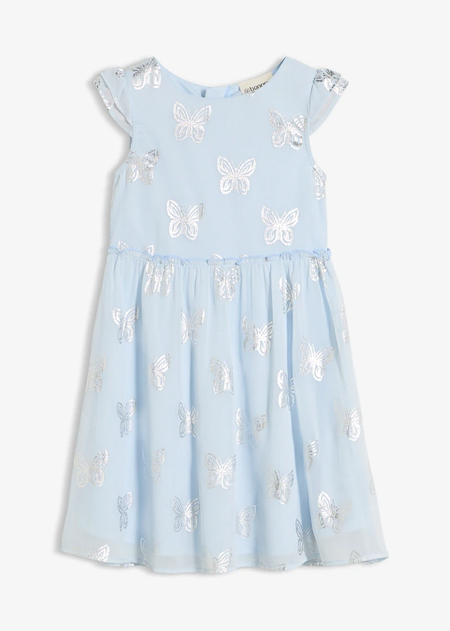 Chiffon jurk in A-lijn, Kleur: poederblauw-zilverkleur gedessineerd