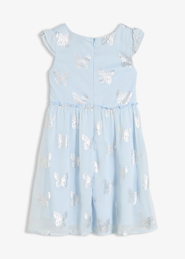 Chiffon jurk in A-lijn, Kleur: poederblauw-zilverkleur gedessineerd