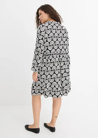 Tuniekjurk van soepele viscose, Kleur: wolwit-zwart grafische print