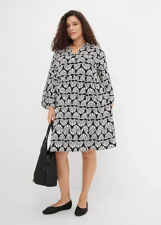 Robe-tunique en viscose fluide, Couleur: écru/noir graphique