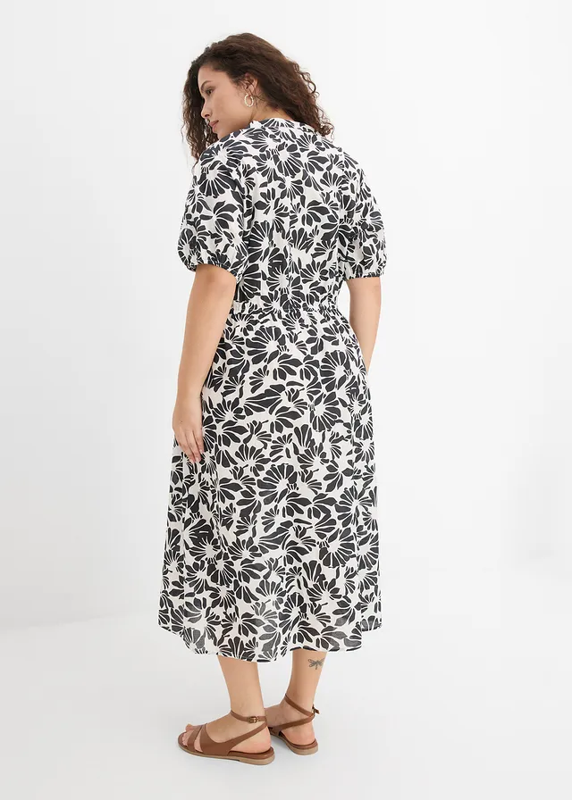 Robe-tunique 100% coton, Couleur: blanc nacré-noir graphique