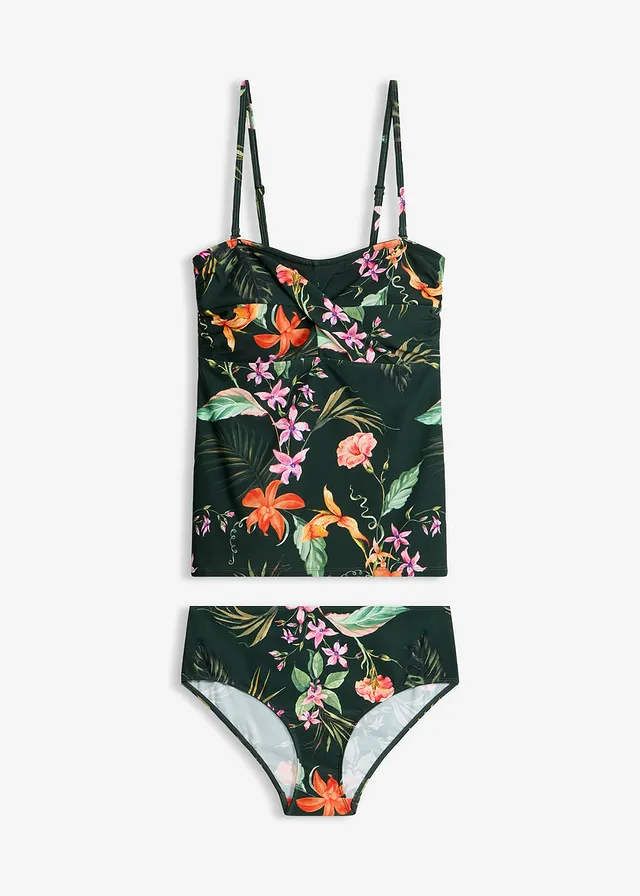Bandeau tankini in wikkellook (2-dlg. set), Kleur: groen gebloemd