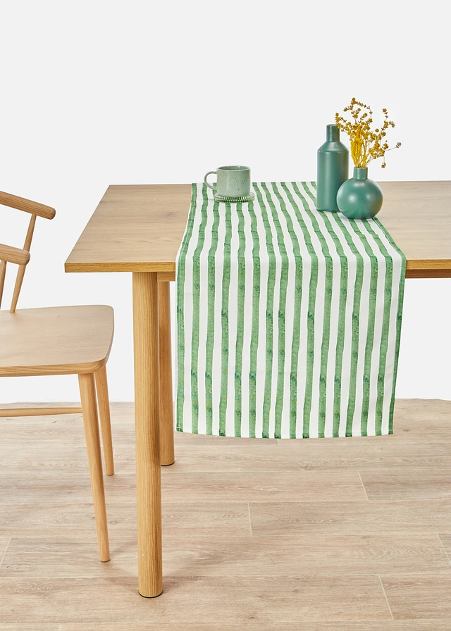 Tafelloper met strepen, waterafstotend, Kleur: meigroen-wit