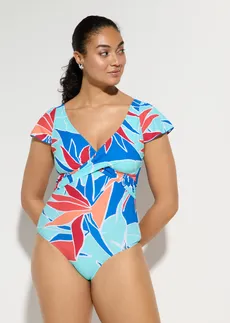 Maillot 1 pièce sculptant style croisé, maintien léger, Couleur: bleu floral