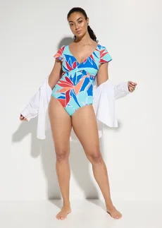 Costum de baie cu aspect petrecut, cu efect de modelare ușor • albastru floral • magazin bonprix