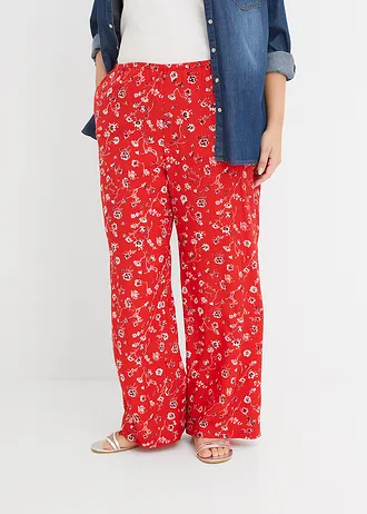 Broek van soepele viscose, Kleur: aardbeirood gebloemd