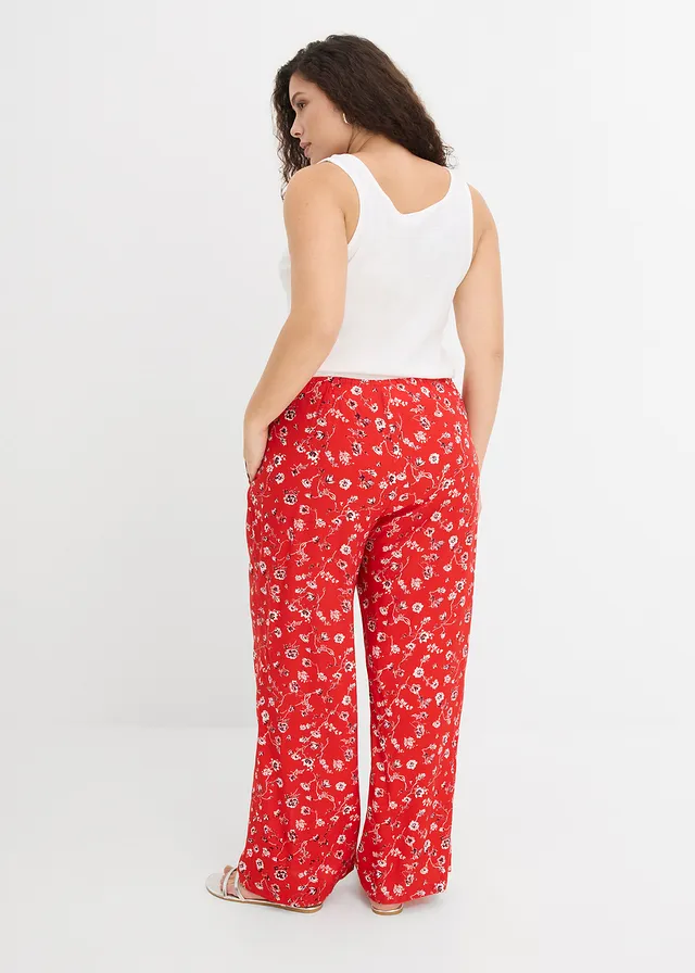 Pantalon en viscose fluide, taille élastiquée, Couleur: fraise floral