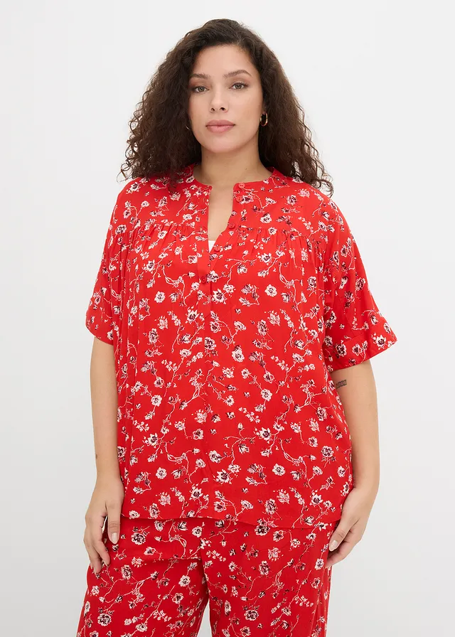 Blouse van soepele viscose, Kleur: aardbeirood gebloemd