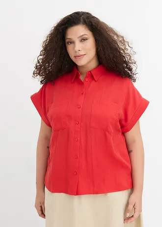 Chemisier manches courtes fluide en lyocell mélangé, Couleur: fraise