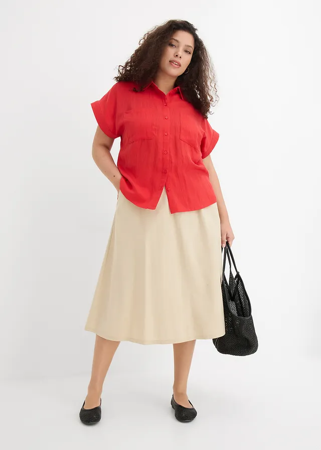 Overhemdblouse in een soepele lyocellmix, Kleur: aardbeirood