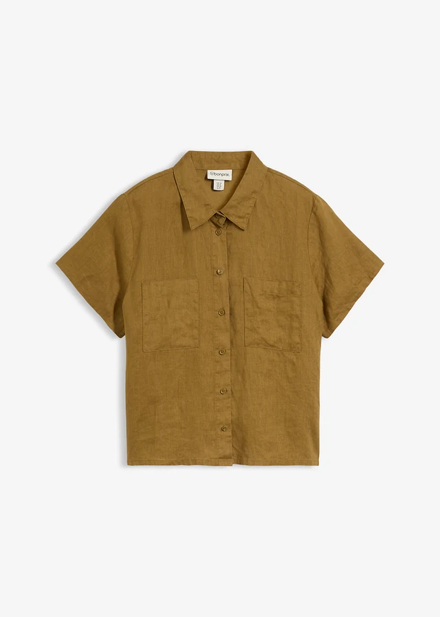 Wijde blouse met korte mouwen van puur linnen, Kleur: natuurgroen
