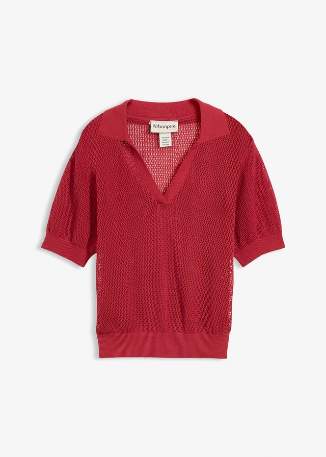Polo en maille ajourée avec lin • rouge cerise • Boutique bonprix