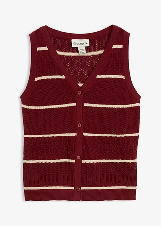 Gilet sans manches en maille ajourée avec lin, Couleur: rouge rubis/sable clair