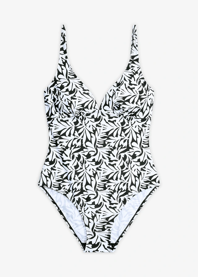 Maillot 1 pièce sculptant, maintien léger, encolure V • noir-blanc floral • Boutique bonprix