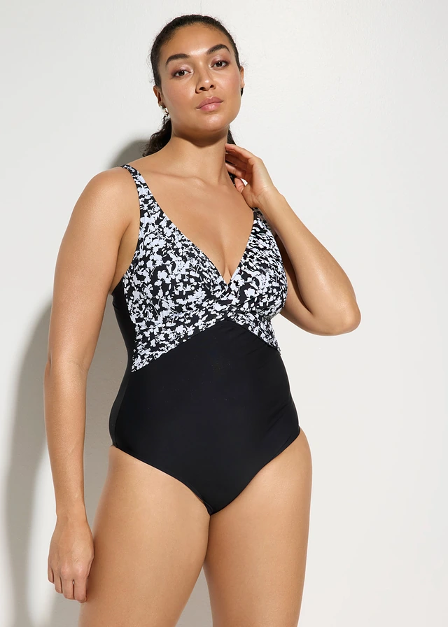 Maillot 1 pièce sculptant style croisé, maintien léger, Couleur: noir-blanc floral