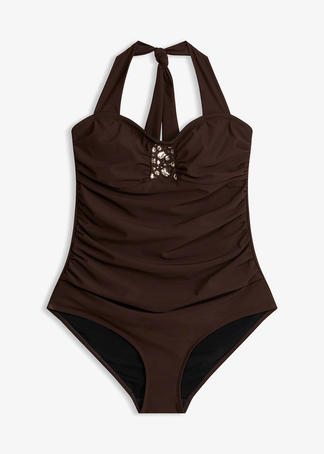 Licht corrigerend badpak met glittersteentjes • donkerbruin • bonprix online shop
