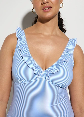 Licht corrigerend badpak met volants • blauw-wit gestreept • bonprix online shop