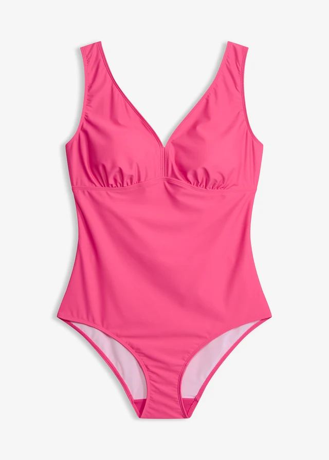 Maillot 1 pièce sculptant à col en V, maintien modéré, Couleur: rose vif