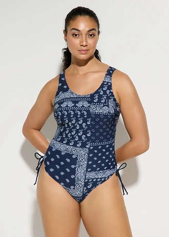 Costum de baie shape cu efect modelator ușor și încrețituri laterale • bleumarin- alb, cu imprimeu • magazin bonprix