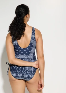 Licht corrigerend badpak met strikbandjes aan de zijkant • donkerblauw-wit gedessineerd • bonprix online shop